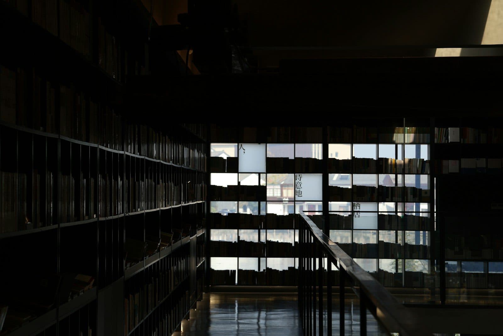 An antique library wall with a ladder, one shelf raked by light