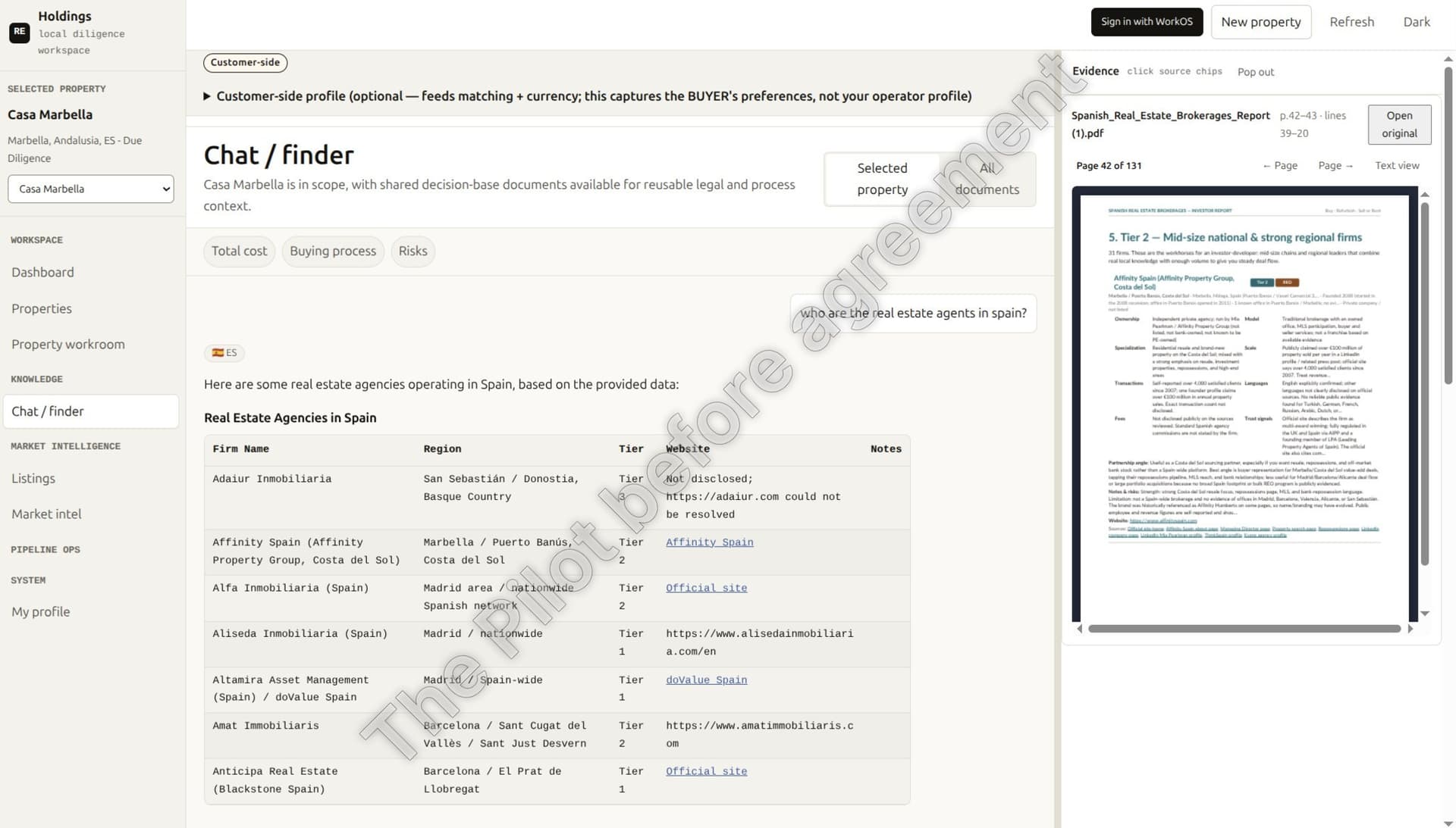 Diligence workspace answering an agency question with a tiered table beside an evidence panel citing a page of the source report